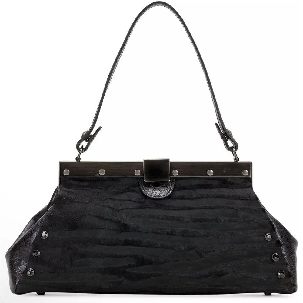 Patricia Nash Black leather & calf hair zebra Stripes silver tone frame Satchel